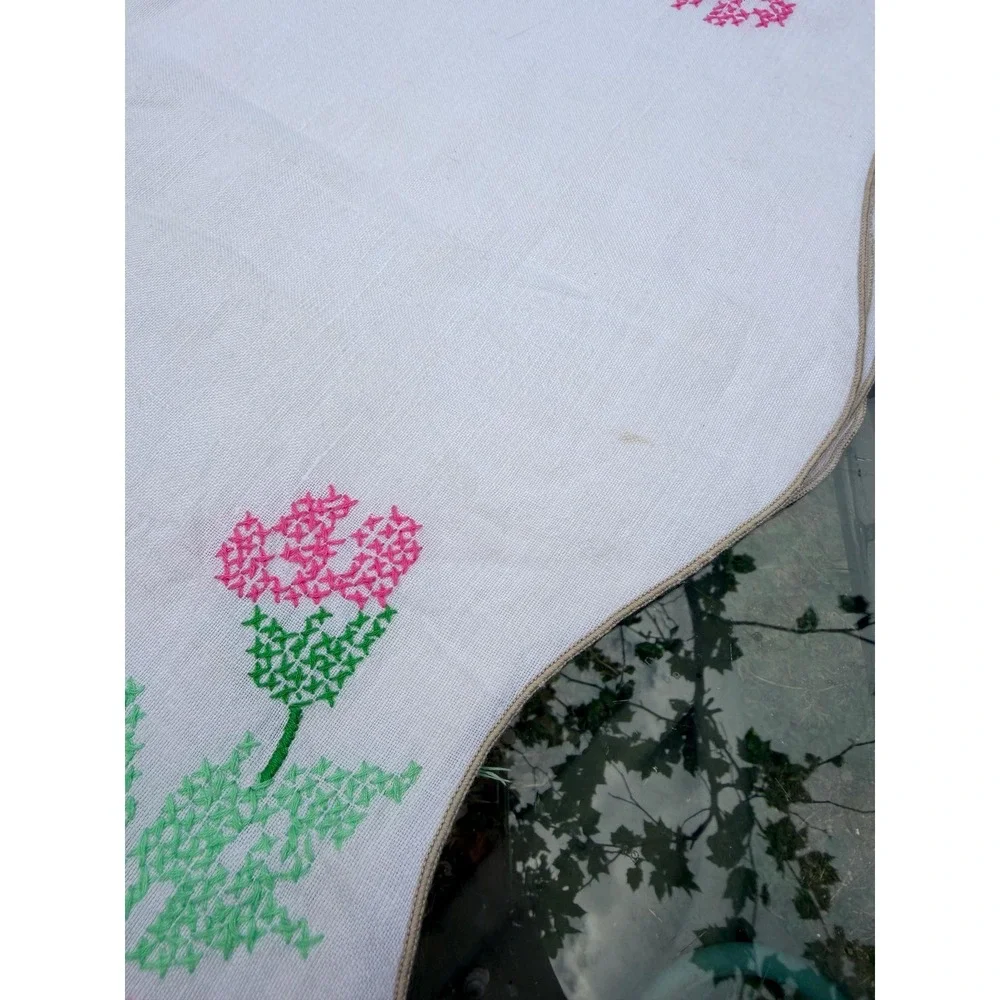 Vintage Hand Embroidered Floral Tablecloth Cottagecore Farmhouse Pink Green Line